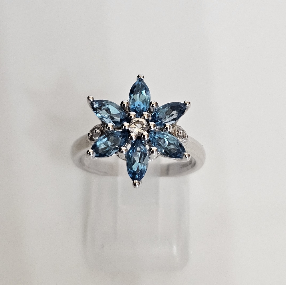 Natural London Blue Topaz & White Topaz Ring Sterling Silver Size 7! NWT